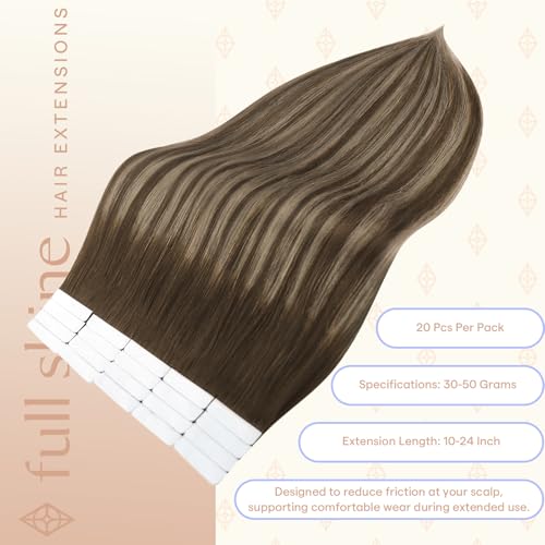 Image of Full Shine Human Hair Tape in Extensions, Medium Brown Honey Blonde 22 Inch | 100g 40PCS, Seamless Tape in Human Hair Extensions, Invisible Brazilian Style Full Ends Party Styling Soft Movement