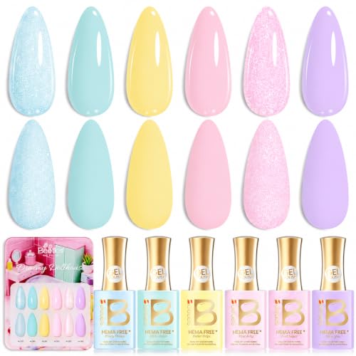 Image of Beetles Pastel Gel Polish Set - Dreamy Dollhouse 6 Colors Hema-Free 15ML Full Size Gel Nail Kit Spring Pink Yellow Blue Glitter Shimmer Soak Off UV LED DIY Gel Nail Art Gifts for Women