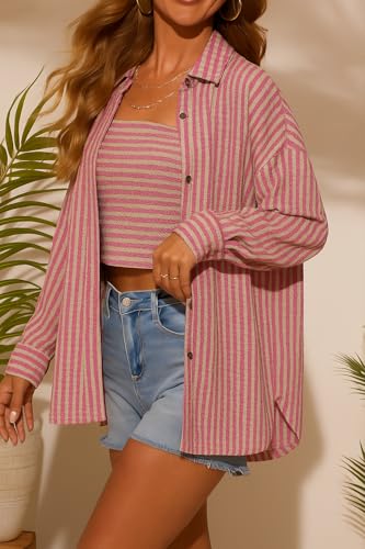 NUOREEL Womens Waffle Knit Button Down Shirt Stripe Long Sleeve Casual Blouses Tops2