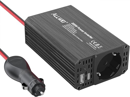 ALLWEI Convertitore di tensione da 300 W, 12 V, 230 V, con porta USB e di tipo C, ricarica per cellulari, laptop e altri dispositivi, per auto, roulotte, campeggio, (nero)