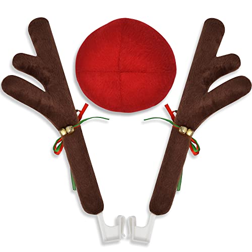 EcoNour Car Reindeer Antlers for Christmas | X-mas Car Decoration Kit with Reindeer Antler, Jingle Bells & Nose | Rudolph Car Kit as Christmas Car Setup and Holiday Accessories Decoration