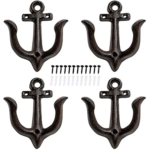 Notakia Decorative Wall Hooks Mounted Antique Shabby Chic Metal Cast Iron Nautical Anchor Design Wall Hooks Hanger, Vintage Rustic Cast Iron Wall Hooks,Screws Included (Brown Anchor 4Pcs) Cover