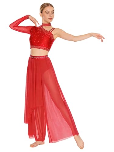 Hularka Women's Lyrical Dance Outfits Shiny Crop Top with Wide Leg Pants for Stage Performance Red X-Large