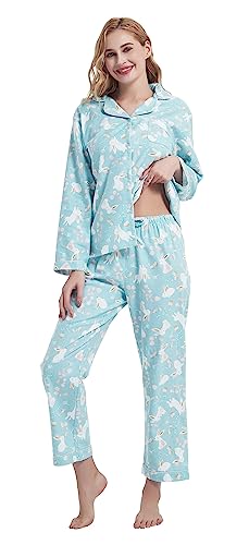 CHUNG Women Flannel Pajamas Set Brushed Cotton Button Tops Pants S-XL Sleepwear Loungewear Cozy Warm Winter, GreenRabbit,L