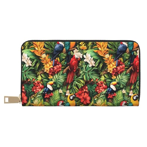 Leather Thin Slim Wallets for Women Men - Fashion Tropical Colorful Parrot A Print Card Wallet Holder with Zipper