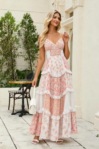 Image of Women Floral Maxi Dress Spaghetti Strap V Neck Patchwork Bohemian Flowy Dresses Summer Fall