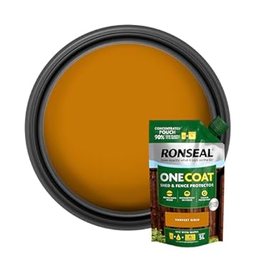 Ronseal One Coat Shed & Fence Pouch Harvest Gold 950ml - Mix with Water to Make 5 Litres of Paint for Effortless Coverage and Long-Lasting Protection