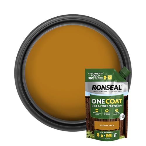 Ronseal One Coat Shed & Fence Pouch Harvest Gold 950ml - Mix with Water to Make 5 Litres of Paint for Effortless Coverage and Long-Lasting Protection