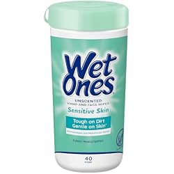 1 of Wet Ones Hand Wipes, Sensitive Skin, Unscented, 40 ct Canister (1 Pack) | Hand and face wipes, Click-top canister lid, Moisturizes with aloe, For kids and adults, Fragrance free, Paraben free