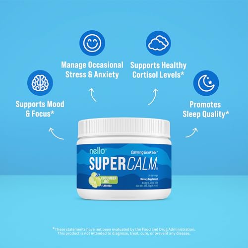 Image of Nello Supercalm Powdered Drink Mix Tub, Cortisol Reducer* and Sleep Aid Supplement, L Theanine, Ksm-66 Ashwagandha, Magnesium Glycinate, Vitamin D 3, No Sugar, Non GMO, 30 Ct, Cucumber Lime