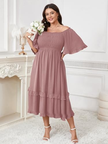 Image of SCOMCHIC Women's Plus Size Maxi Dresses Summer Short Sleeve Square Neck Smocked Wedding Guest Cocktail Boho Long Dress