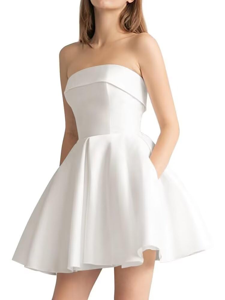 Tvuyet Strapless Homecoming Dresses for Teens 2026 Satin A Line Short Prom Dress with Pockets Formal Evening Gowns