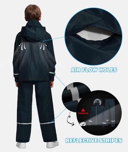 Image of Kids Rain Suit Jacket and Pants Set with Reflective Strips Adjustable Hood Flap Pocket for Boys Girls