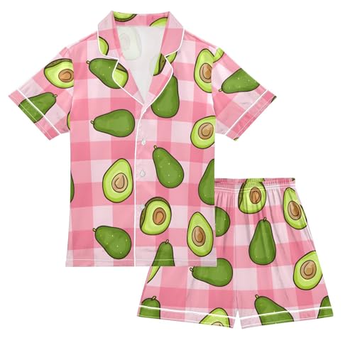 ALAZA Plaid Avocado Pajamas Satin Pajama Set Short Sleeve Button Down Sleepwear