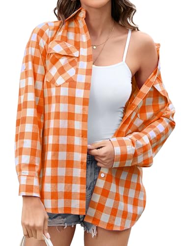 Stamain Camisa Cuadros Naranja Mujer Manga Larga con Botones Camisas Leñador Mujer Blusa Top Enrollable Casual Clásica Oficina Fiesta con Bolsillos S