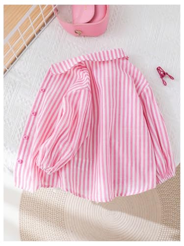 Image of SweatyRocks Girl's Striped Button Down Shirts Lantern Long Sleeve Collared Blouse Pink 5Y
