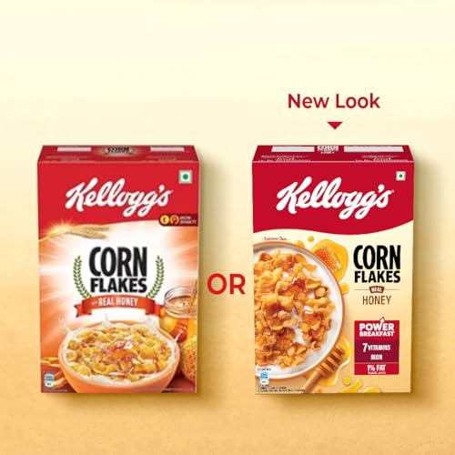 Image of Kellogg's Cornflakes Real, Honey | High In Iron, Vitamin B1, B2, B3, B6 & C | Naturally Cholesterol Free | Corn Flakes, Breakfast Cereal - 300Gm /345Gm (Pack of 3)