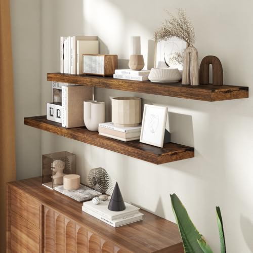 Image of 55 Inch Floating Shelves for Wall, 8 Inch Deep Floating Shelf for Storage & Display, Wall Mounted Shelf with Invisible Brackets for Living Room, Kitchen, Bathroom, Home Decor, Set of 2, Rustic Brown