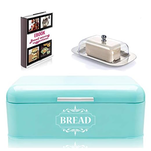 AllGreen Vintage Bread Box Container for Kitchen Decor Stainless Steel Metal Bread Bin Retro Turquoise for Kitchen Counter Dry Food Storage Including Free Butter Dish & Serving eBook Store Bread Loaf