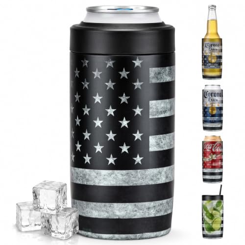 Image of 4-in-1 Slim Can Cooler Easy to Hold Insulated Beer Can Holder Double-Walled Stainless Steel for All 12 Oz Cans Black America Flag 2