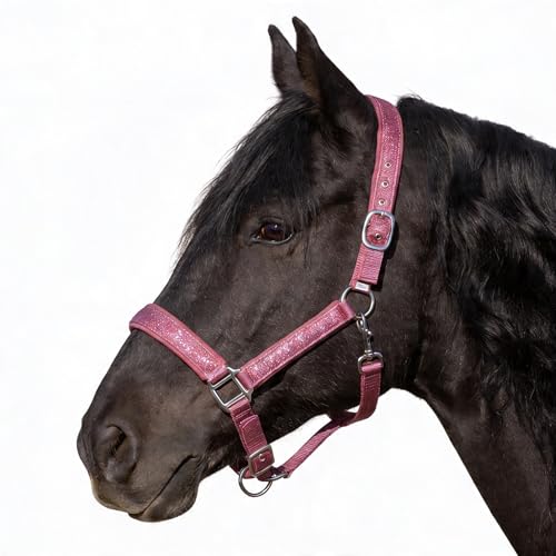 Pferdelinis Halfter für Pferde Glitzerhalfter gepolstertes Halfter verstellbare Dornschnallen Halfter Pony Cob Warmblut Shetty (Pink Cob Vollblut)