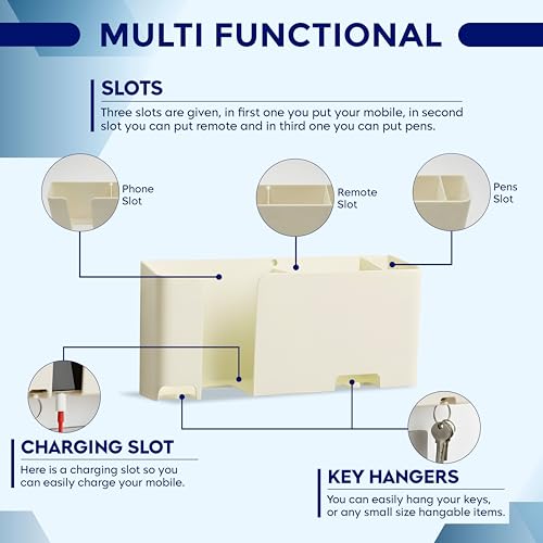 Image of Mobile & Remote Wall Holder | ABS Wall Mount Stand with 3 Compartments for Phone, Remotes & Pens | 2 Key Hooks | No-Drill Mount with Strong Double-Sided Sticker (Milky White)