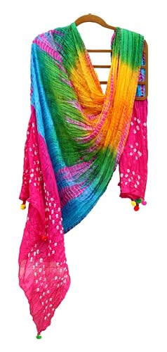 Image of Handcrafted Dupatta Cotton Blend Multicolored Printed Design with Beads & Pom Pom Tassels Chunni /Dupatta (21-M)