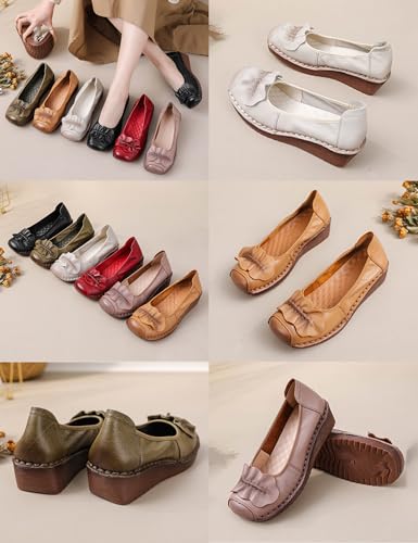 Women's Leather Wedge Pumps,Trendy Ruched Bow Closed Toe Comfortable Oxford Non-Slip Soft Sole Casual Dress Shoes3