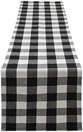 Yourtablecloth Plaid Checkered Table Runner - Washable Indoors or Outdoors Black and White 14 x 108