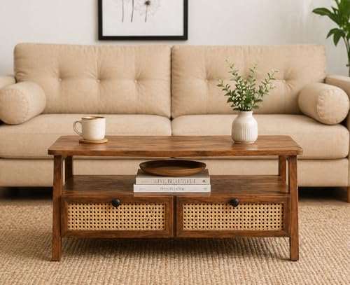 Image of Sheesham Wood Rectangular Cane Center Coffee Table for Living Room | Centre Table with 4 Drawer & Shelf Storage for Home, Office & Draweing Room | Brown Finish