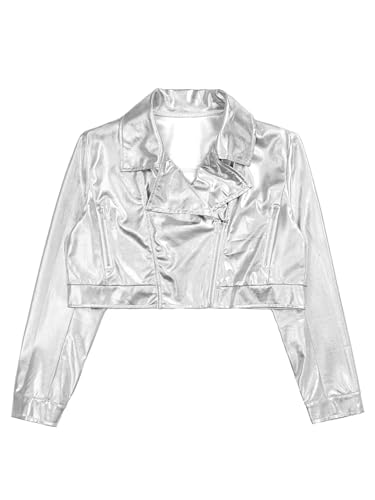 JanJean Kids Girls Boys Zipper Metallic Jacket Turn-Down Collar Motorcycle Coat Hip Hop Jazz Dance Tops Club Playwear