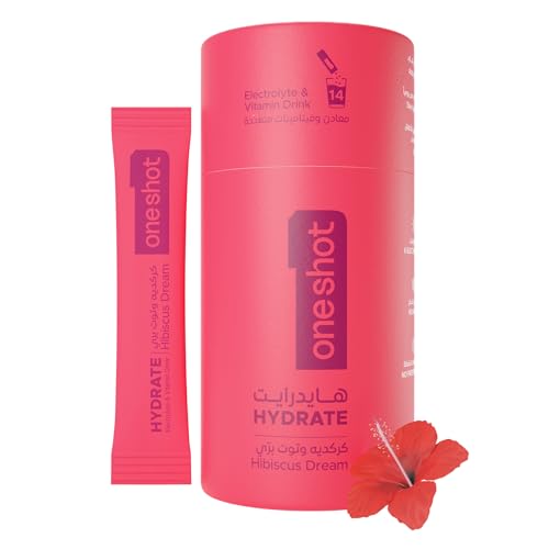 oneshot Daily Hydration Sugar Free Electrolyte Powder Drink Mix with Vitamins and Zinc No Aftertaste (14 Sachets Hibiscus Dream)
