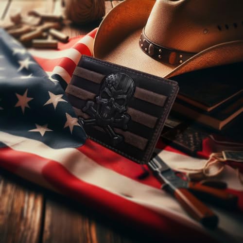 Men's Gift American Flag Skull Wallet for Men Bifold Genuine Leather Punisher Money Clip RFID Blocking Slim 6 Card Slots (Brown American Flag Skull Wallet)2