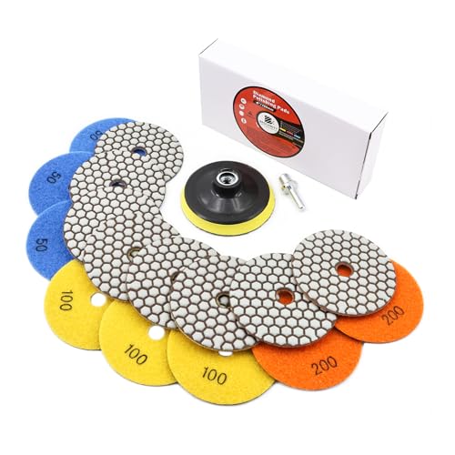 BRSCHNITT Dry Diamond Polishing Pads Set 4 Inch Grit 50x3/100x3/200x2 - Dry Polish Pad Kit 8pcs for Granite Marble Concrete Quartz Marble Floor Polishing Plus a M14 Plastic Backer and Adapter