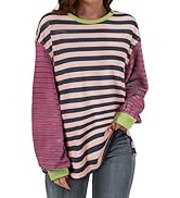 BLENCOT Women's Oversized Patchwork T Shirts Fall Long Sleeve Striped Color Block Loose Fit Pullo...