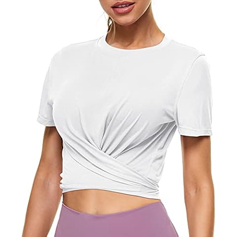 TrainingGirl Workout Shirts for Women Cross Wrap Yoga Crop Tops Tie Back Athletic Exercise T-Shirts Loose Sports Gym Clothes - white - 3X-Large Cover