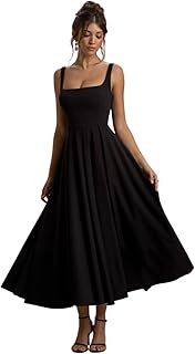 TRAQUILA Women’s Fit and Flare Midi Dress | Soft Stretchable Lycra with Square-Neck, Open Back | Casually wear Price In India