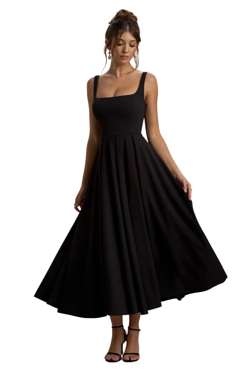 TRAQUILA Women’s Fit and Flare Midi Dress | Soft Stretchable Lycra with Square-Neck, Open Back | Casually wear - Review, Price and Buying Guide