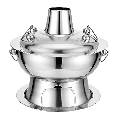 INUUXLG Beijing Copper Hot Pot,Chinese Style Hot Pot,Pure Copper Hot Pot,Chinese Tranditional Hotpot,Vintage Shabu Steamers Hot Pot, Stainless Steel (Silver,28CM) (Silv