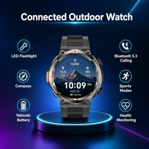 Military Smart Watch for Men with 100 Days Battery/Flashlight/Compass
