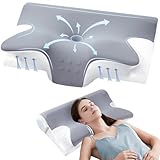 Effective Pain Relief Cervical Neck Pillow for Sleeping, Memory Foam Pillows for Neck Support, Odorless Contour Side Pillow, Ergonomic Bed Pillow for Back Stomach Sleeper (Grey and White)