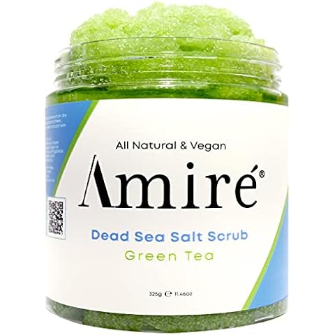 Amire Green Tea Dead Sea Salt Body Scrub. All Natural Body Polish. Infused with Argan, Peppermint, and Sunflower Oil. Cover