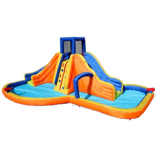 Banzai Rapid Falls Water Slide, Heavy Duty Inflatable Backyard Water Park w/ Dual Waterslides, Splash Pool, and Sprinklers, for Ages 5-12, Multicolor