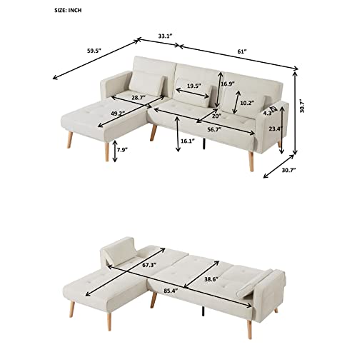 Antetek Convertible Velvet Futon Sofa Bed, L-Shaped Sectional Sofa Couch With Left Chaise, Adjustable Backrest & 3 Toss Pillows, Mid-Century Modern Modular Sofa, Living Room Furniture Set (Coffee) #TOP1