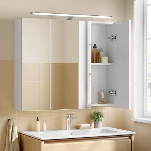 VASAGLE Kailyn Collection - Armoire Murale à 3 Portes Miroir avec Éclairage, Meuble de Salle de Bain, Étagères Réglables, Style Moderne, 15 x 70 x 60 cm,...