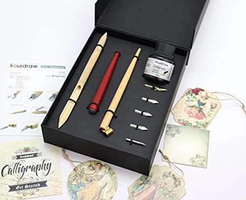 Liquidraw Arabisches Kalligraphie-Set Dip Pen Nibs Halter Set Bambus Stifte Holzstift mit schwarzer Kalligraphie Tinte Set Linke Hand für Künstler, Anfänger, Erwachsene & Kinder