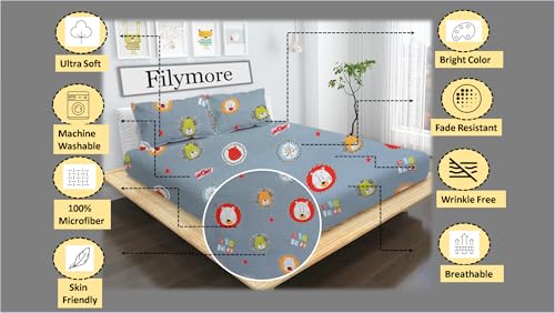 Image of Filymore Lion Double bedsheet for Girls Kid bedsheet for Queen Size Bed 240 TC Microfiber Soft Cartoon bedcover for Kids Room (90x90 Inches)(Dark Grey)