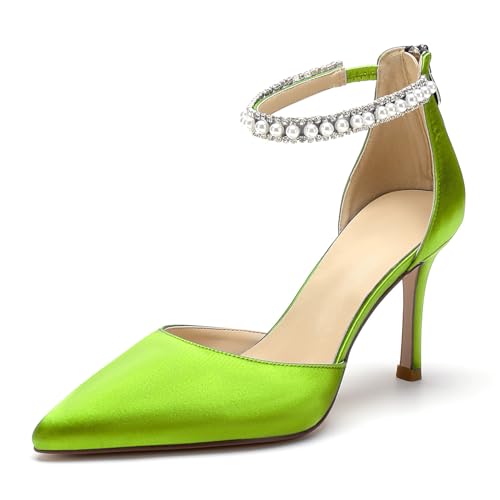 Image of Pointed Toe Pearl Wedding Shoes for Bride White High Heels Satin Bridal Shoes Zipper Back Evening Party Dance Dresses Shoes Pumps for Women