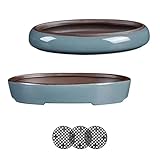 HUOMUSIR (10 Inch Shallow Bonsai Pots 2 Piece Set Water Glaze Blue Succulent Platter Bonsai Tree Ceramic Flower Pot Handmade (Excluding Plants)