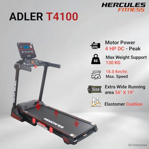 Image of Hercules Fitness T4100 4.0 HP Peak DC Motorized Foldable Treadmill | 15 Level Auto Incline | MP3 Player Available | Max Speed 18 Km /Hr | Max User Weight 130 Kg